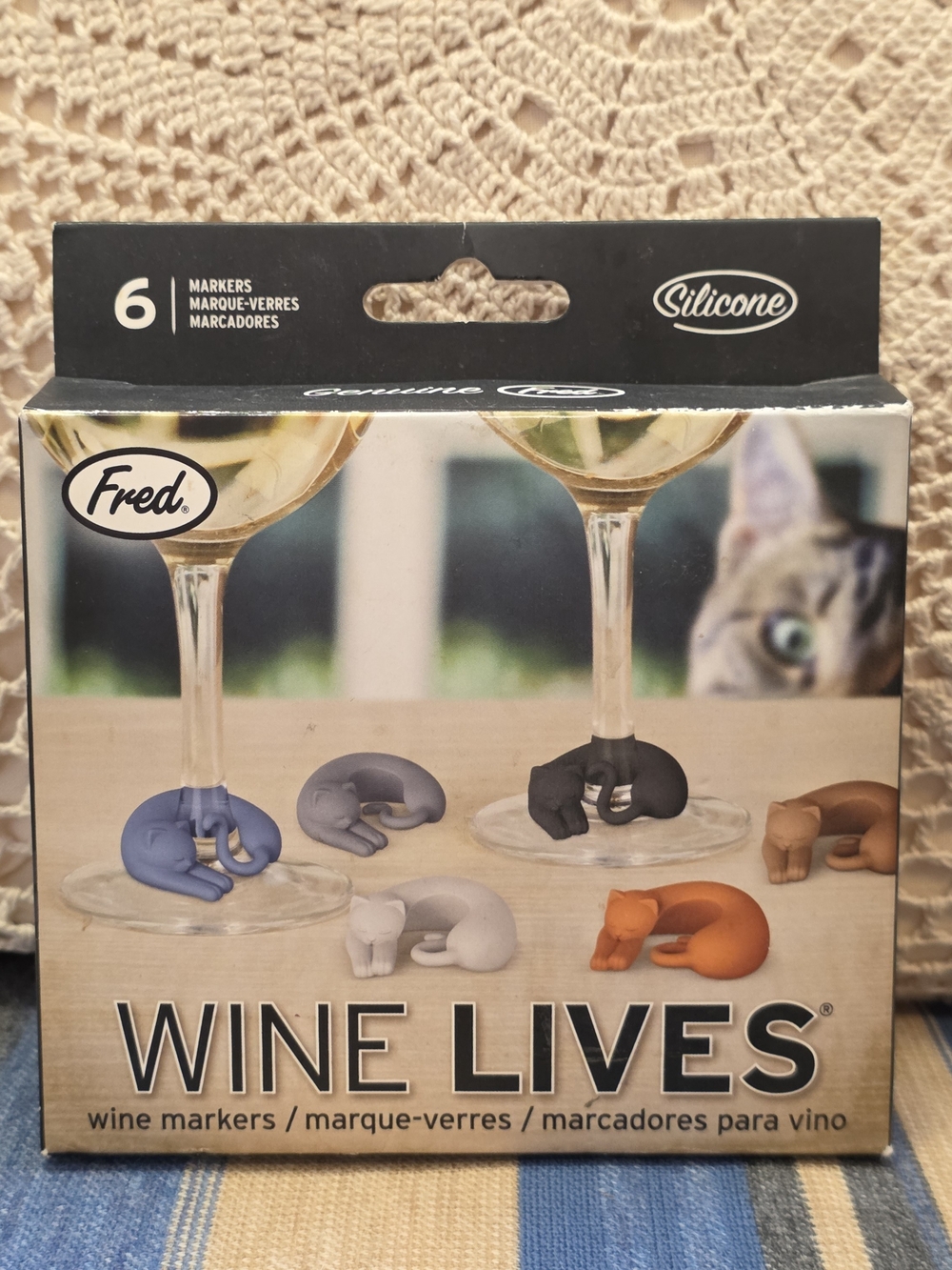 Fred Wine Lives Cat Wine Glass Markers Set of 6 Silicone Party Bar Accessories